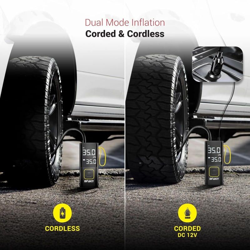 Dylect Tyre Inflator for Car and Bike| Home Use| Works Both on DC Port & Battery| Type-C Charging| 6000mAh BIS Certified