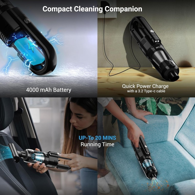 Dylect Wireless Car Vacuum Cleaner: 6000Pa Strong Suction,4000Mah Battery,Fast Type-C Charging,Washable Hepa Steel Filter,Copper Motor,Compact&Lightweight for Dry Use,0.2 Liter