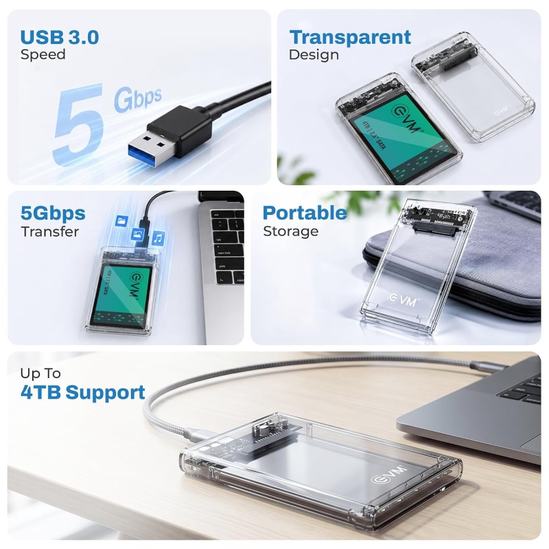 EVM 2.5 Inch SATA SSD HDD Enclosure USB C | 5Gbps High Speed | External Hard Drive Case | Dual Cable Type-C USB | Supports 4TB (ESC/TP02)