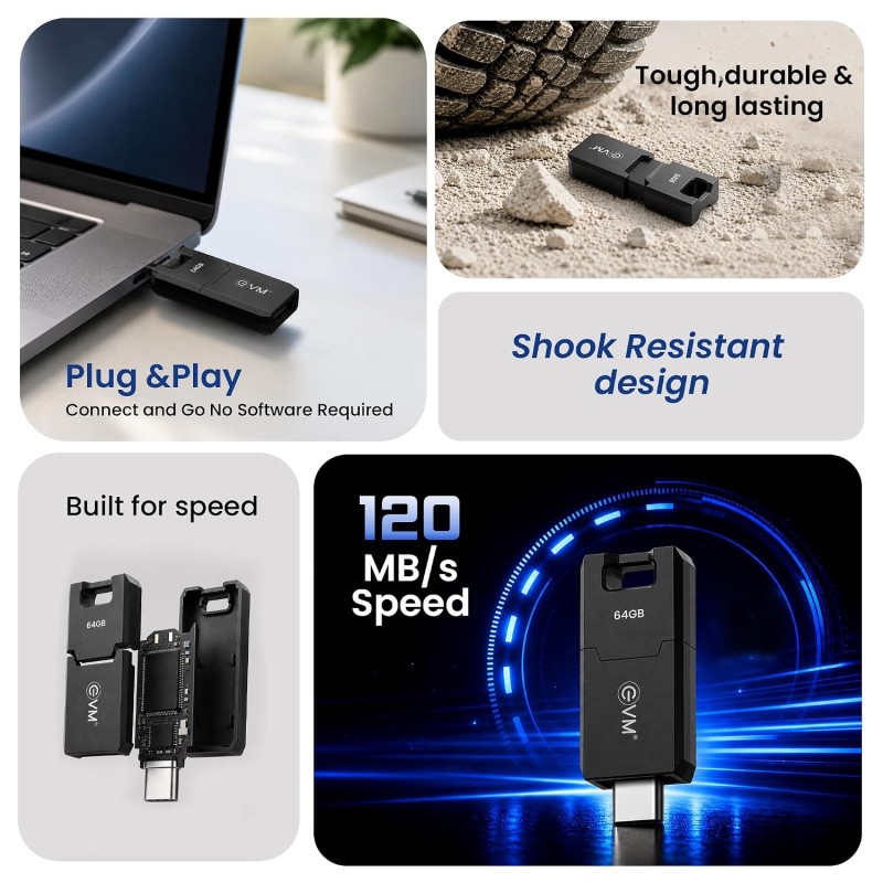 EVM EnC 64GB Type-C USB 3.2 Gen 1 Flash Drive | Impressive 120MB/s Read| Sleek Compact Modern Design | 