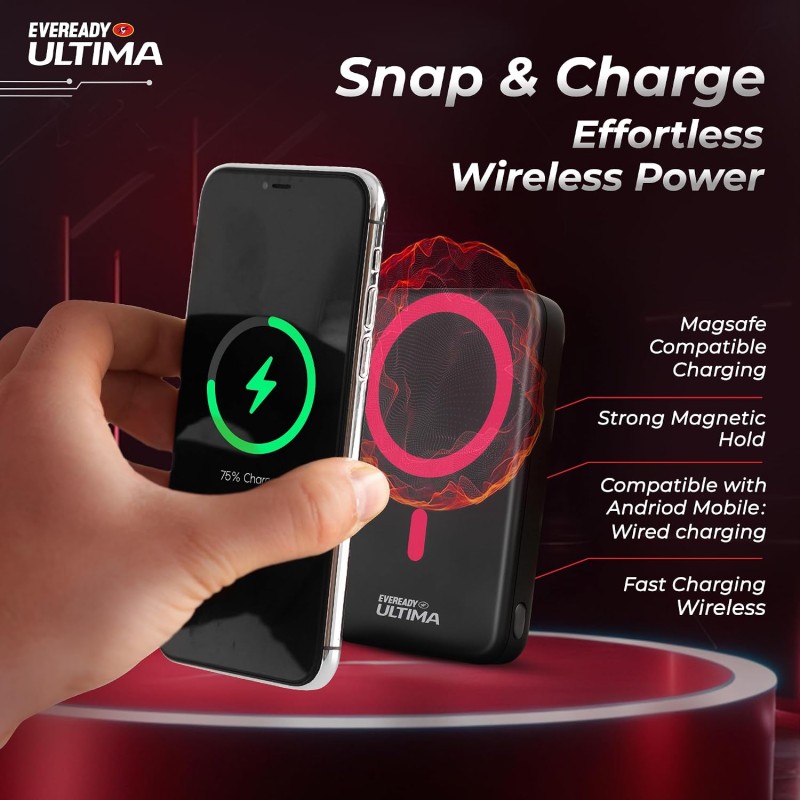 Eveready Ultima MagSafe Compatible Power Bank- PB31, 10,000mAh, 22.5W Wired & 15W Magnetic Wireless Fast Charging Stand