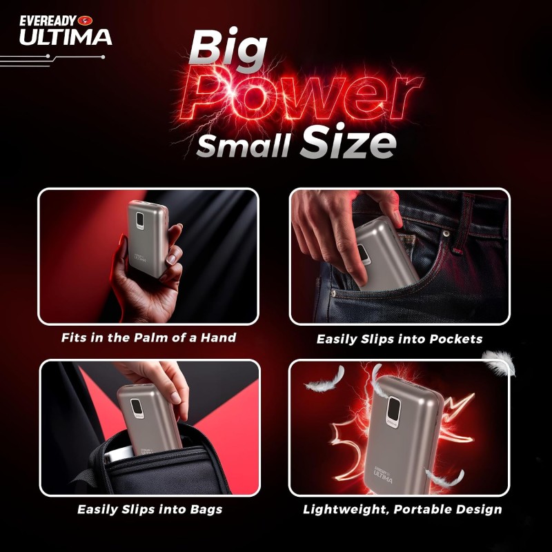 Eveready Ultima Power Bank PB 21, 20,000mAh, 22.5W Fast Charging, Dual Output, USB-C & USB-A, Overcharging Protection