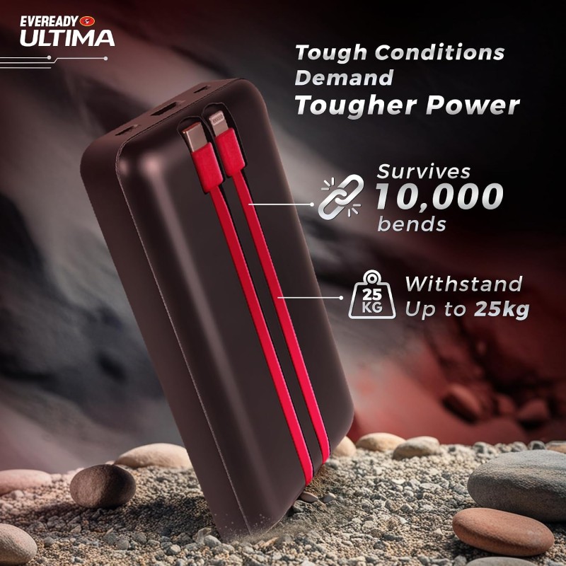 Eveready Ultima Power Bank PB11 with Built-in-Cables 20,000 mAh, 22.5W Fast Charging, Multiple Ports & Universal Compatibility