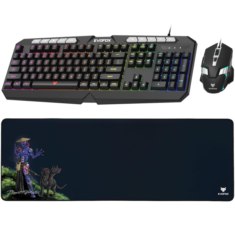 EvoFox Deathray v2 3 in 1 Gaming Keyboard & Mouse Combo with Puppet Master Deskpad | 6 Zone RGB Backlighting, 19 Anti Ghosting Keys (Wired)
