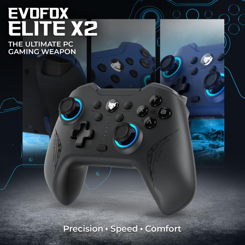 EvoFox Elite X2 Wireless Gaming Controller For PC with 1000Hz Polling Rate, Dual-Mode (2.4G & Type C), Hallsense™ Magnetic Hall 3D Joysticks & Triggers, EZ Click Macros, Dual Vibration Motors(Grey)