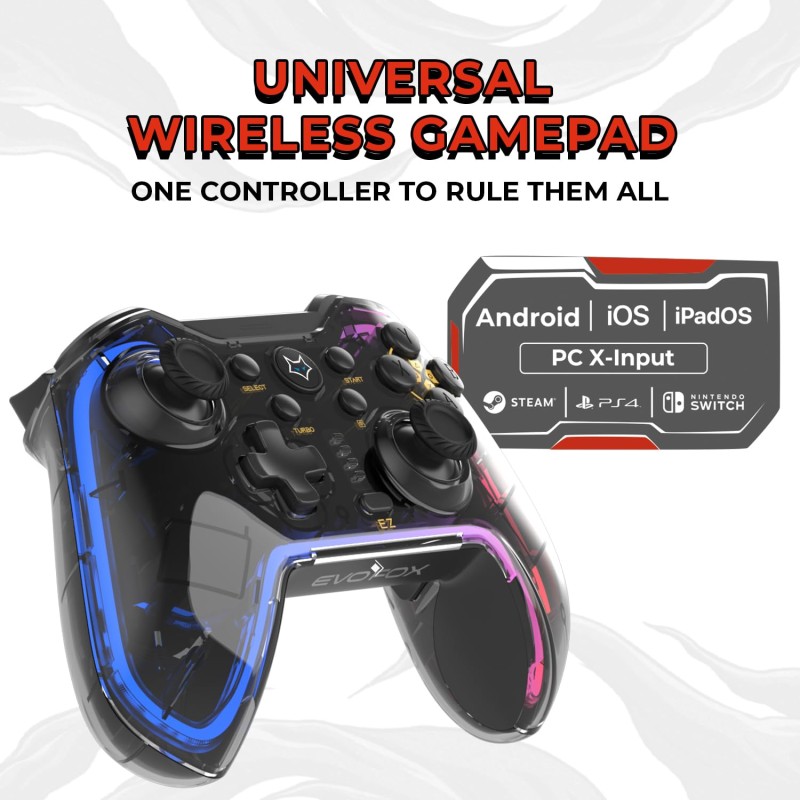 EvoFox One Universal Bluetooth Gaming Controller For PC, iOS, iPadOS, Android and PS4, Dynamic Rgb Lights, Transparent Design Gamepad, Programable Buttons, Turbo Mode with The Dojo App, Detachable Mobile Clamp, and More