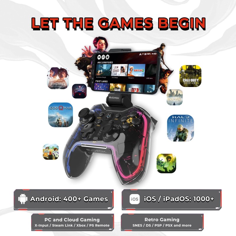 EvoFox One Universal Bluetooth Gaming Controller For PC, iOS, iPadOS, Android and PS4, Dynamic Rgb Lights, Transparent Design Gamepad, Programable Buttons, Turbo Mode with The Dojo App, Detachable Mobile Clamp, and More