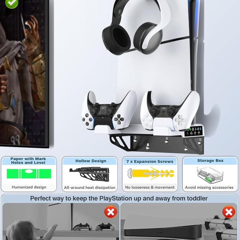 For PS5 Wall Mount Kit with Controller Charging Station & Cooling Fans, For PS5 Shelf Compatible with PlayStation 5/PS5 Slim/PS5 Pro