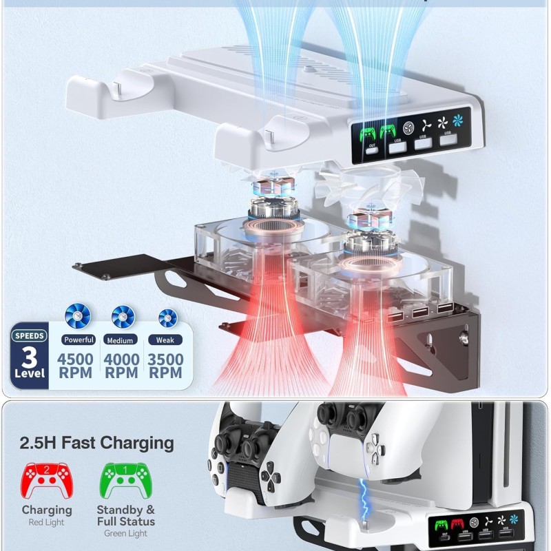 For PS5 Wall Mount Kit with Controller Charging Station & Cooling Fans, For PS5 Shelf Compatible with PlayStation 5/PS5 Slim/PS5 Pro