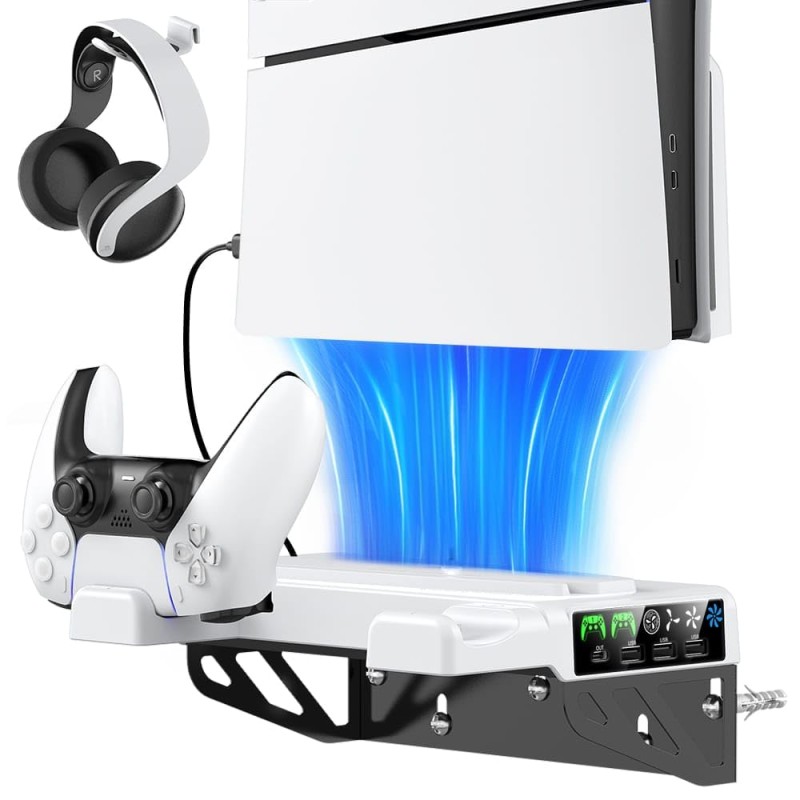 For PS5 Wall Mount Kit with Controller Charging Station & Cooling Fans, For PS5 Shelf Compatible with PlayStation 5/PS5 Slim/PS5 Pro