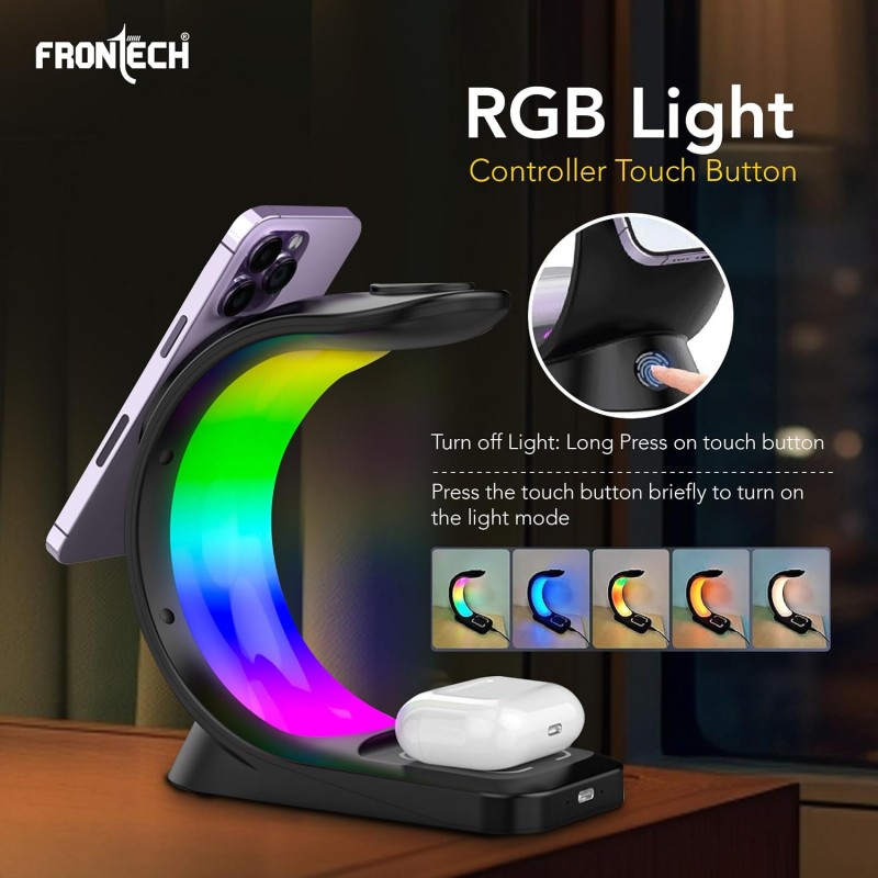 Frontech Magnetic Mobile Holder with 3-in-1 Wireless Charger Stand for Mobile, Smartwatch & Earbuds