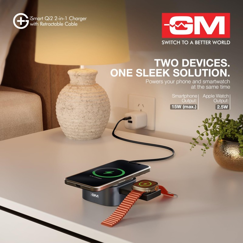 GM G+ iSmart Qi2 2-in-1 Wireless Charger | Fast Charging for iPhone, All Apple Watch Series | Retractable 65cm Cable, Advanced Qi2 Technology