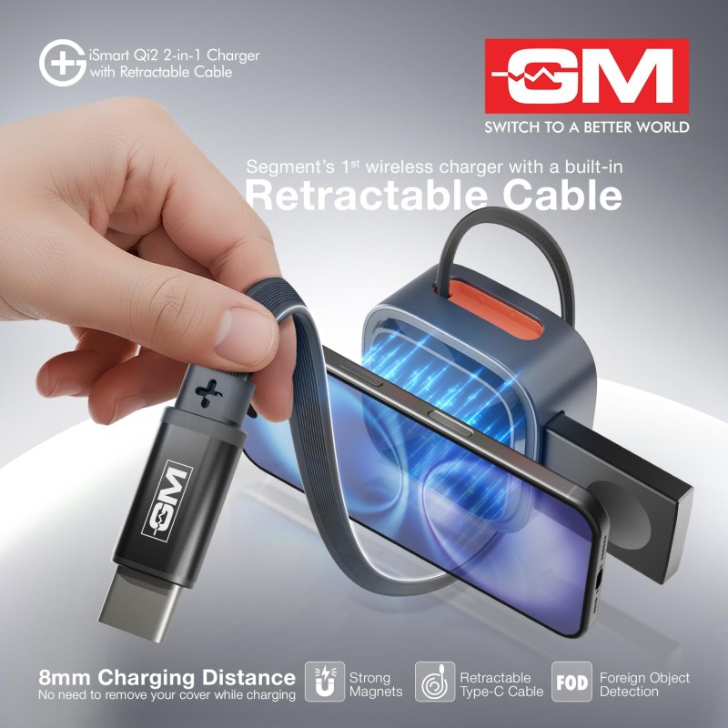 GM G+ iSmart Qi2 2-in-1 Wireless Charger | Fast Charging for iPhone, All Apple Watch Series | Retractable 65cm Cable, Advanced Qi2 Technology