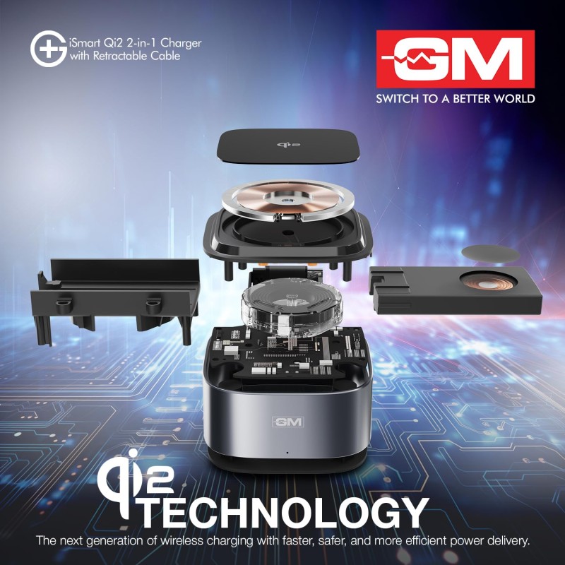 GM G+ iSmart Qi2 2-in-1 Wireless Charger | Fast Charging for iPhone, All Apple Watch Series | Retractable 65cm Cable, Advanced Qi2 Technology