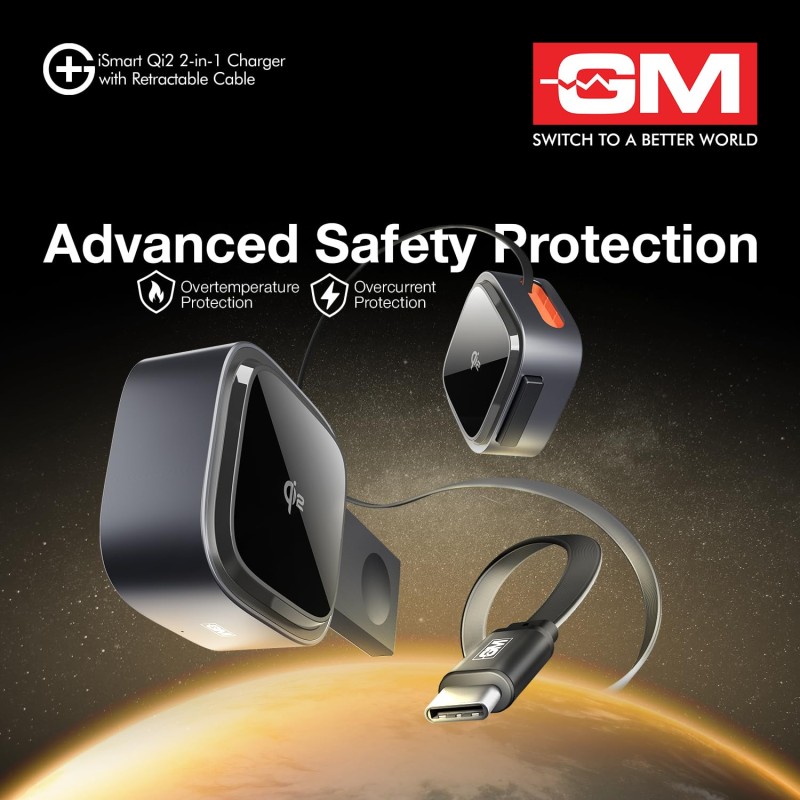 GM G+ iSmart Qi2 2-in-1 Wireless Charger | Fast Charging for iPhone, All Apple Watch Series | Retractable 65cm Cable, Advanced Qi2 Technology