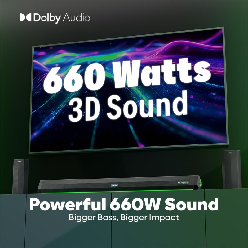 GOVO GOSURROUND 999 | 660W,True Dolby Audio, Dual 6.5" Subwoofers with Dual Satellites,5.2 Surround Soundbar (Platinum Black)