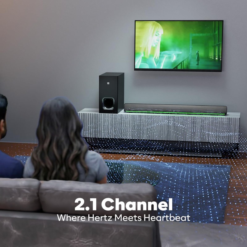 GOVO GoSurround 975 Pro, 400W Soundbar with 8” Subwoofer, 2.1 Channel Home Theatre – Black