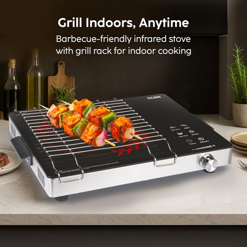 Glen 2200W Infrared Cooktop Stove with Grill Rack for Barbecue, Touch Control, Crystal Glass Plate, Digital Display, 4 Modes, Timer, Surge (SA-3077IR)