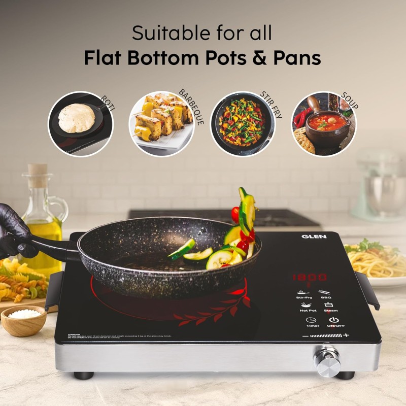 Glen 2200W Infrared Cooktop Stove with Grill Rack for Barbecue, Touch Control, Crystal Glass Plate, Digital Display, 4 Modes, Timer, Surge (SA-3077IR)