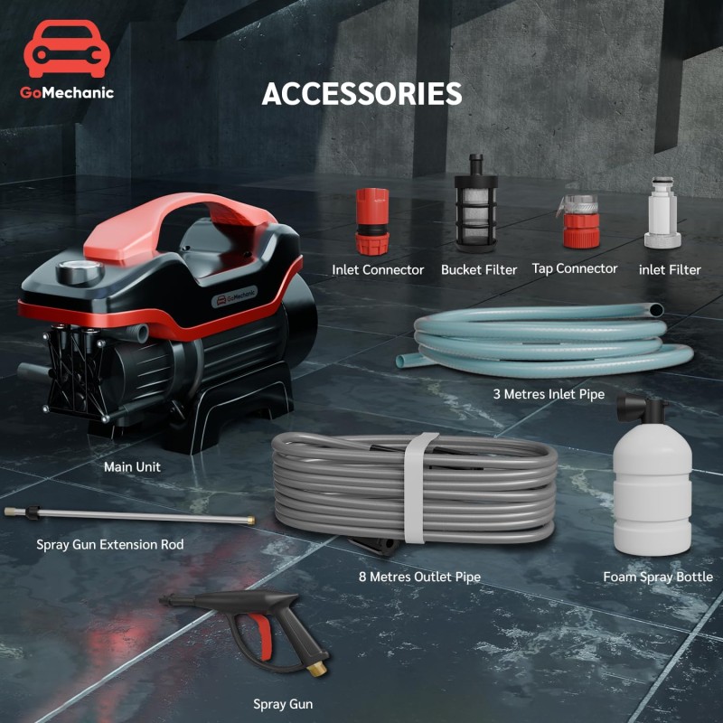 GoMechanic Car Washer High Pressure Pump Machine - Portable Washing Gun - 2200 Watts (Black-Red)