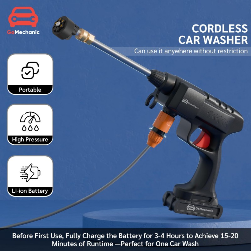 GoMechanic Cordless Pressure Washer | High Pressure Car Washer Pump for Cleaning & Bike Washing | Rechargeable
