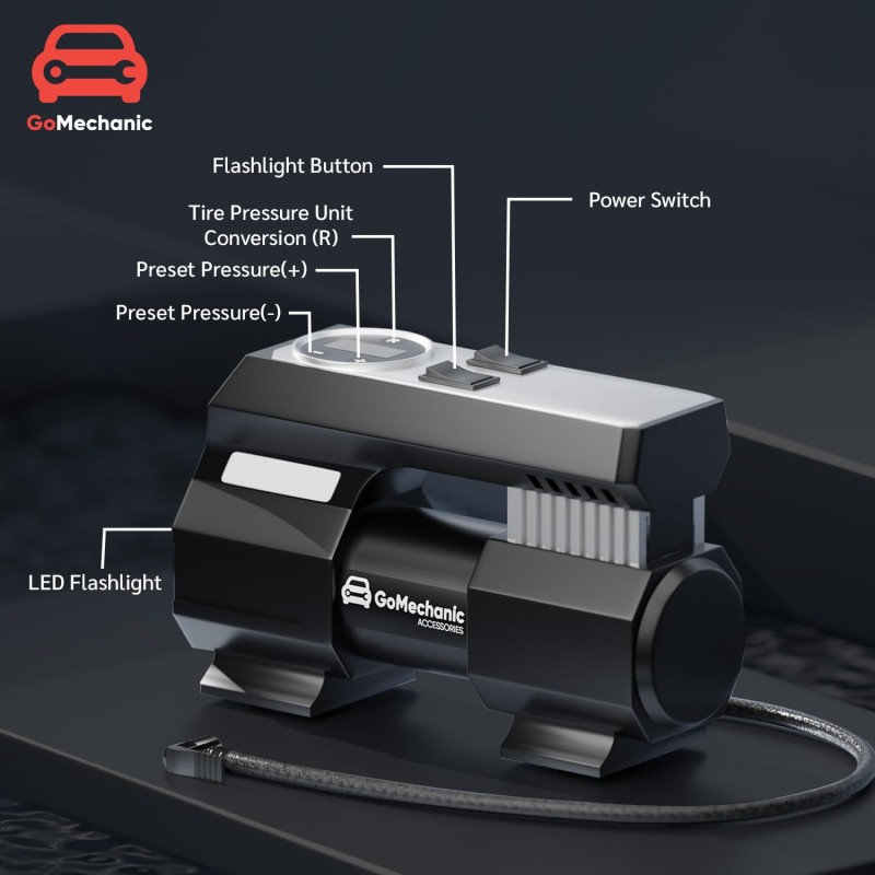 GoMechanic Digital Tyre Inflator for Car - 150 psi, 12V DC Portable Air Pump/Compressor with Digital Tyre Pressure (Gusto T4)