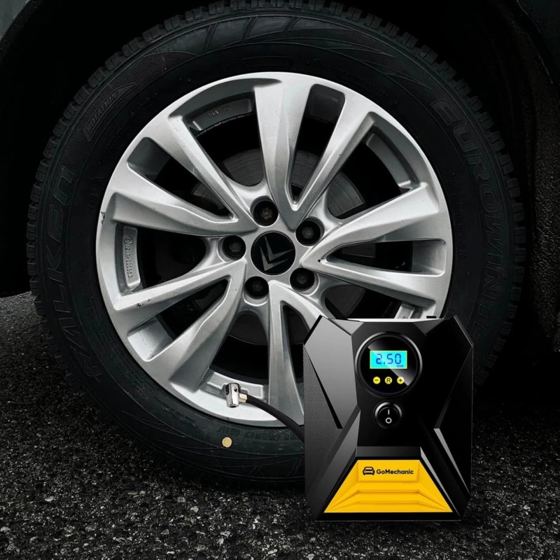 GoMechanic Gusto Digital Tyre Inflator for Cars & Bikes | 150 PSI | 12V DC Portable Air Pump for Tyres with Auto Shut
