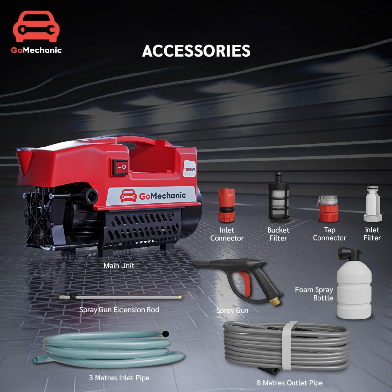 GoMechanic High Pressure Washer | Portable Car Washer Machine | 1800 Watts Motor, 120 Bars & 6.5L/Min Flow Rate Red