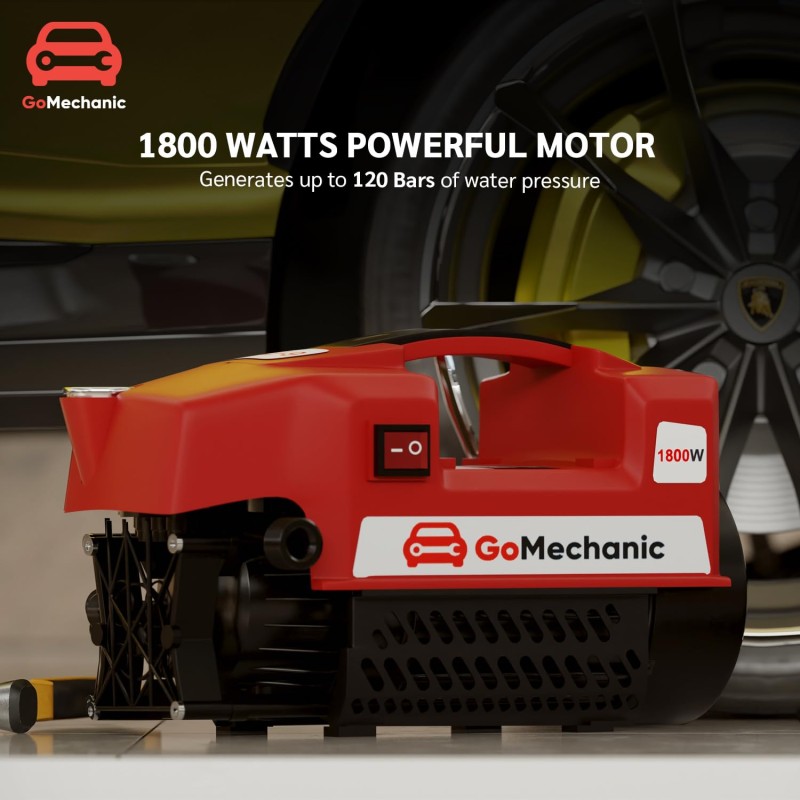 GoMechanic High Pressure Washer | Portable Car Washer Machine | 1800 Watts Motor, 120 Bars & 6.5L/Min Flow Rate Red