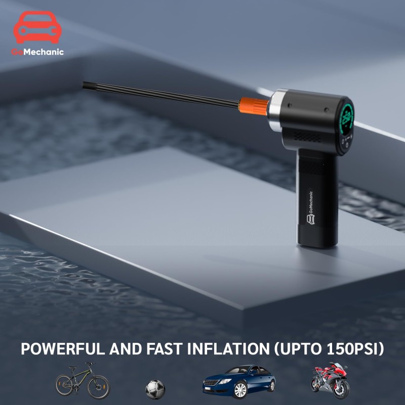 GoMechanic Wireless Tyre Inflator for Car & Bike |150 PSI|2x2000 mAh Rechargeable Battery |Digital Display 