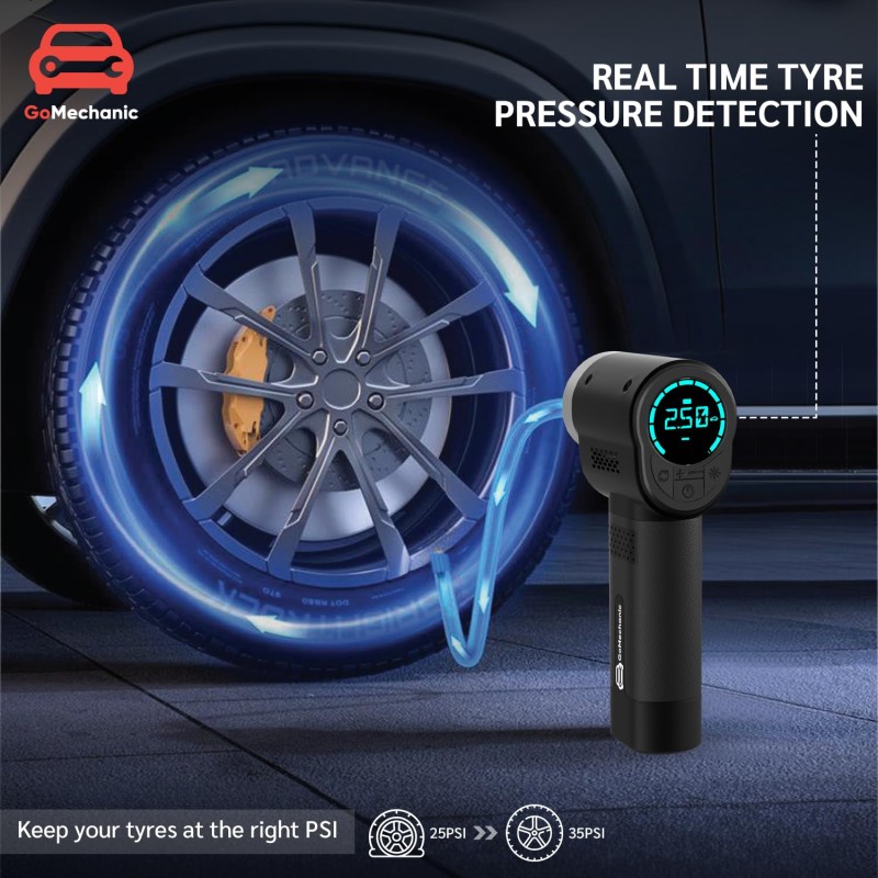 GoMechanic Wireless Tyre Inflator for Car & Bike |150 PSI|2x2000 mAh Rechargeable Battery |Digital Display 