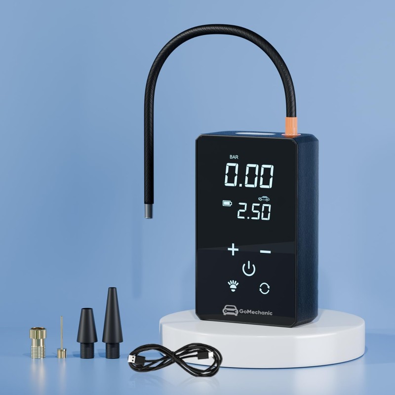 GoMechanic Wireless Tyre Inflator for Car & Bike |150 PSI|2x2000 mAh Rechargeable Battery |Digital Display 