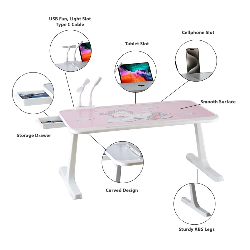 GoRogue Laptop Table for Bed & Sofa, Foldable Desk with Cup Holder, Drawer & Built-in USB Hub with Free Mini Fan, LED Lamp