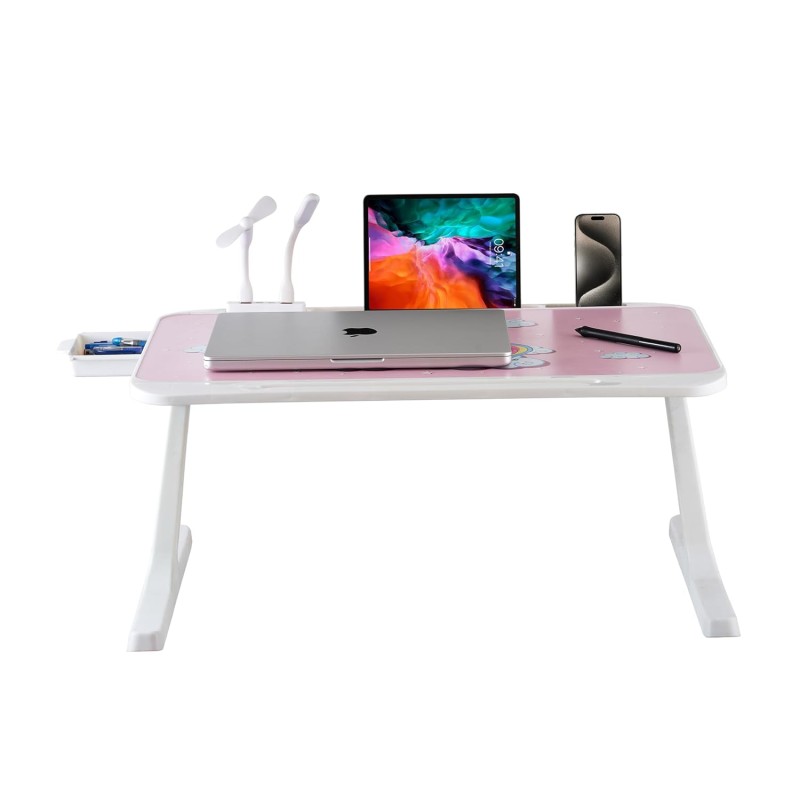 GoRogue Laptop Table for Bed & Sofa, Foldable Desk with Cup Holder, Drawer & Built-in USB Hub with Free Mini Fan, LED Lamp