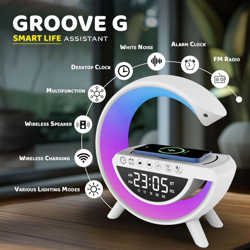 Groove G RGB Mood Lights, Wireless Charging, Alarm, 5-in-1 Multi-Compatible Speaker - Just White