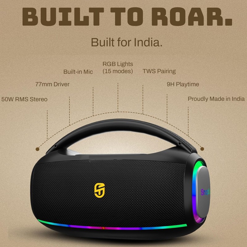 Groove Z Pro Powerful 50W Stereo Sound Surround Speaker with RGB, up to 9Hrs of Music, Deep Bass, Bluetooth 5.3, Multi - Raging Black