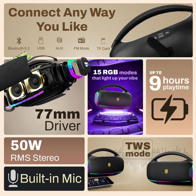 Groove Z Pro Powerful 50W Stereo Sound Surround Speaker with RGB, up to 9Hrs of Music, Deep Bass, Bluetooth 5.3, Multi - Raging Black