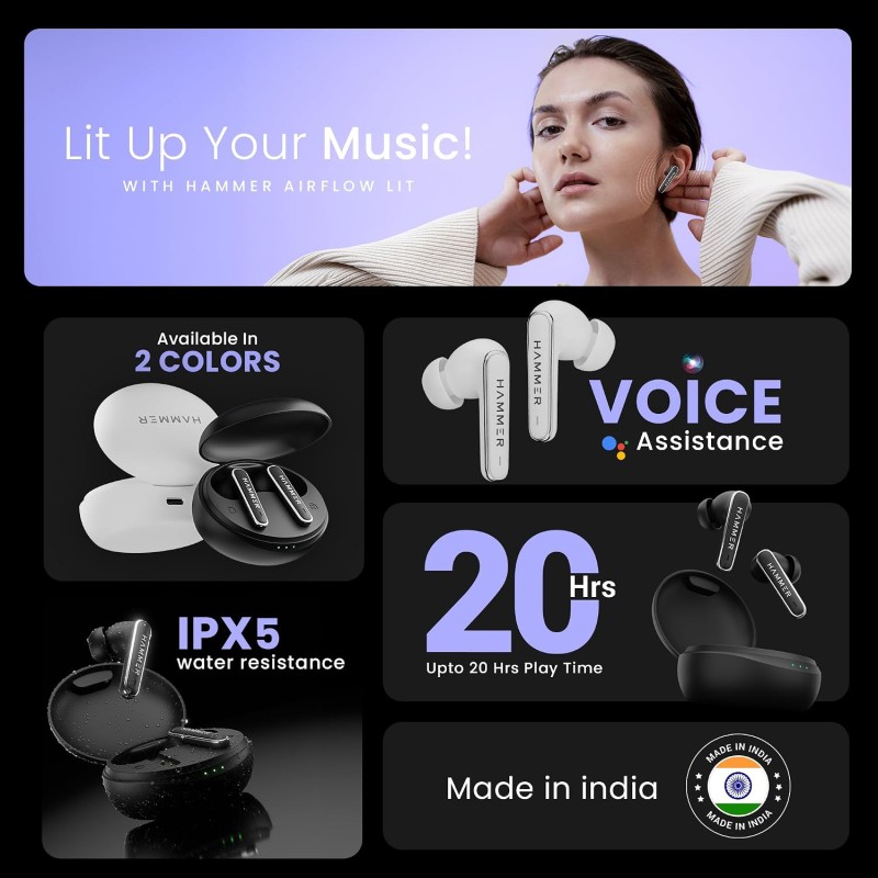 HAMMER Airflow Lit True Wireless Earbuds with Upto 20H Playtime, Type-C Charging, Touch Controls (White)