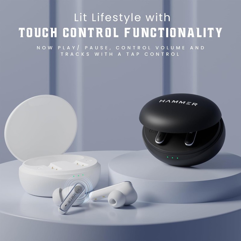 HAMMER Airflow Lit True Wireless Earbuds with Upto 20H Playtime, Type-C Charging, Touch Controls (White)
