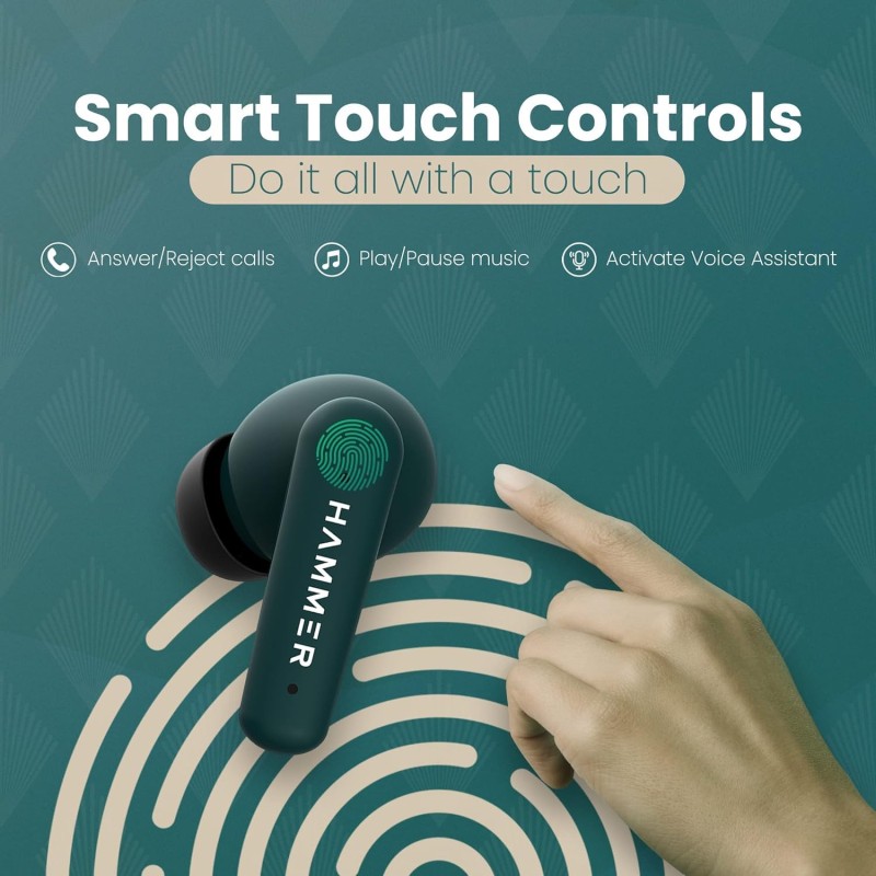 HAMMER Airflow Plus TWS Earbuds with Bluetooth 5.1, Smart Touch Control, Type-C Charging, IPX4 Rated (Emerald Green)