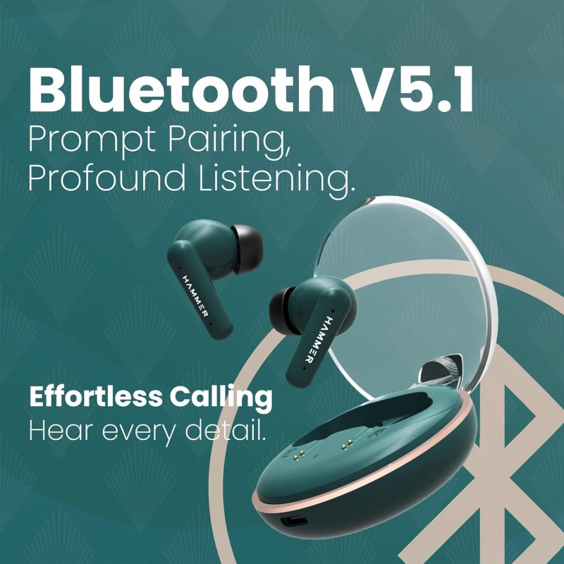 HAMMER Airflow Plus TWS Earbuds with Bluetooth 5.1, Smart Touch Control, Type-C Charging, IPX4 Rated (Emerald Green)