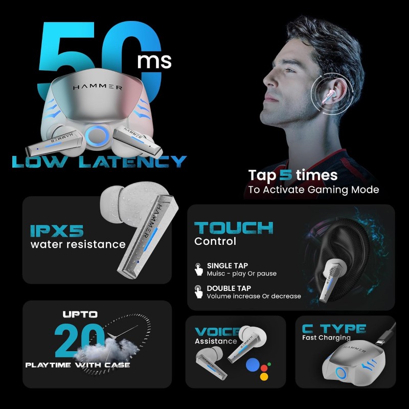 HAMMER Arcade True Wirelss Gaming Earbuds with RGB Lights, 50ms Low Latency, Type-C Charging (White)