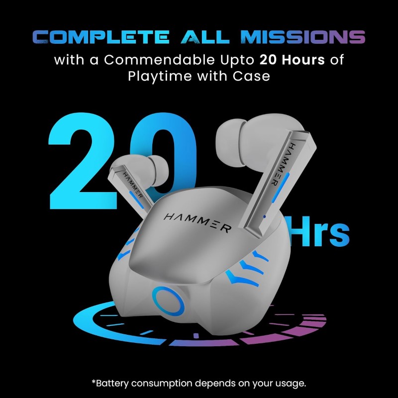 HAMMER Arcade True Wirelss Gaming Earbuds with RGB Lights, 50ms Low Latency, Type-C Charging (White)