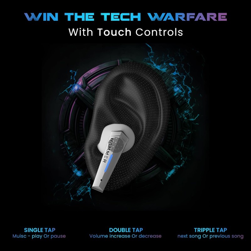 HAMMER Arcade True Wirelss Gaming Earbuds with RGB Lights, 50ms Low Latency, Type-C Charging (White)