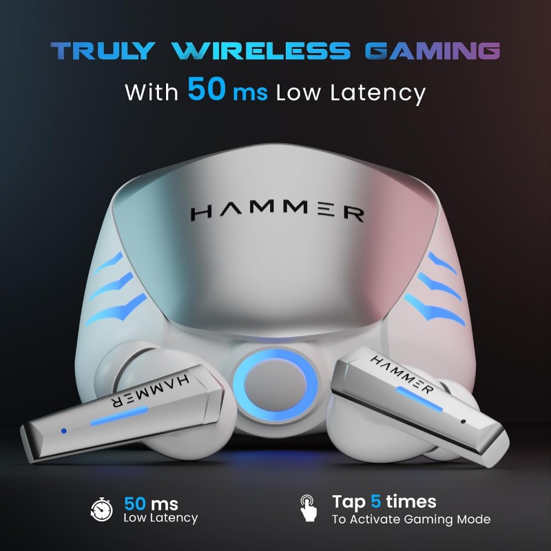 HAMMER Arcade True Wirelss Gaming Earbuds with RGB Lights, 50ms Low Latency, Type-C Charging (White)