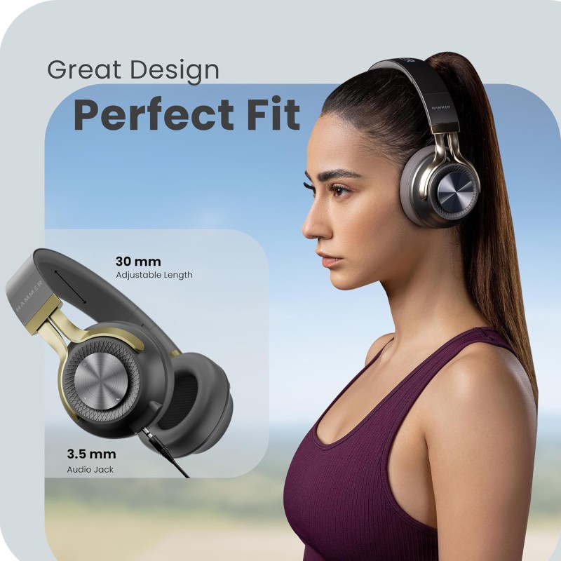 HAMMER Bash 2.0 Over The Ear Wireless Bluetooth Headphones with Mic, Deep Bass, Foldable Headphones (Grey)