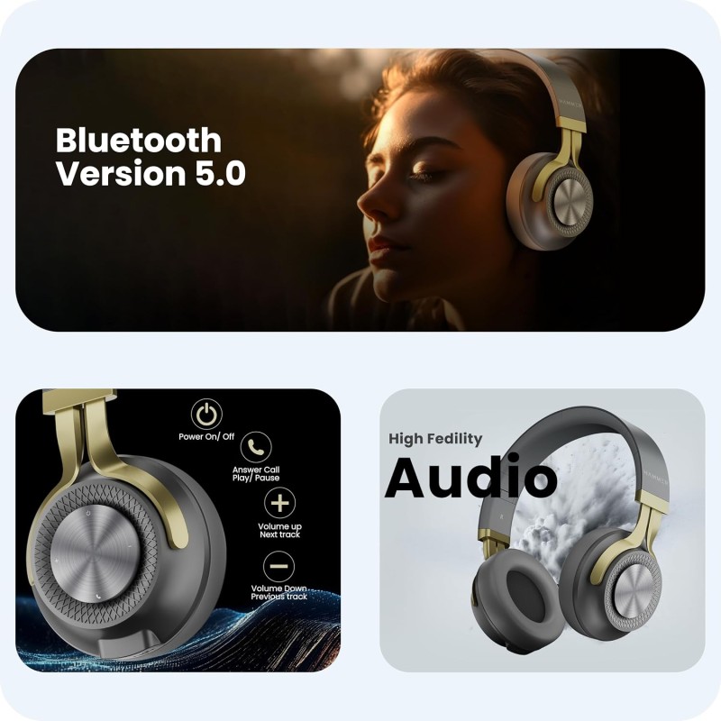 HAMMER Bash 2.0 Over The Ear Wireless Bluetooth Headphones with Mic, Deep Bass, Foldable Headphones (Grey)