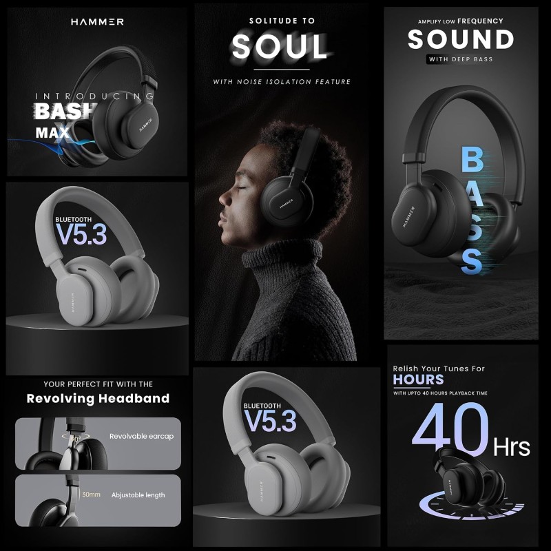 HAMMER Bash Max Over The Ear Wireless Bluetooth Headphones with Mic, Touch Control, Deep Bass, Upto 40 Hours Playtime, Bluetooth 5.3, Workout/Travel (Cool Grey)