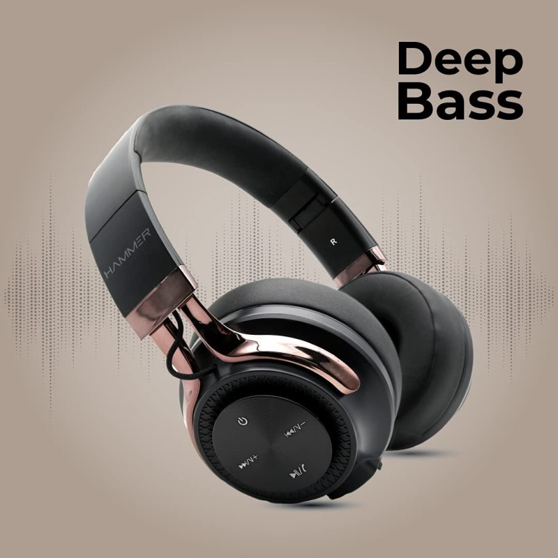 HAMMER Bash Over The Ear Wireless Bluetooth Headphones with Mic, Deep Bass, Foldable Headphones (Black)