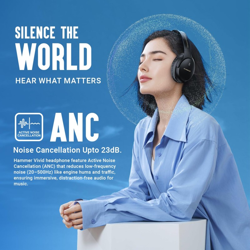 HAMMER Bash Vivid ANC Wireless Bluetooth Over-Ear Headphones with 23 dB Active Noise Cancellation, 70h Playtime Black